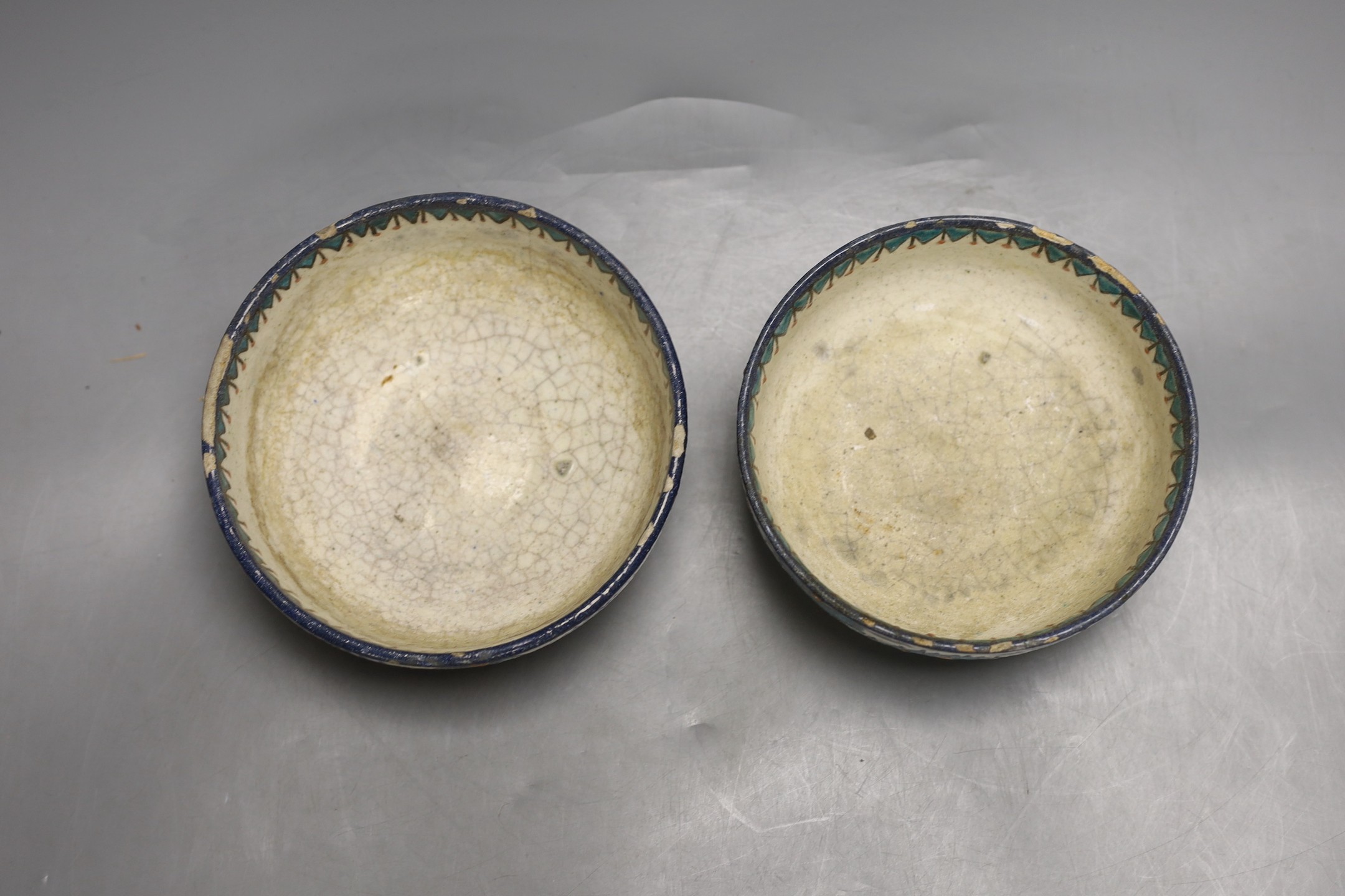 Two Iznik style fritware footed bowls, 15.5 cms diameter.